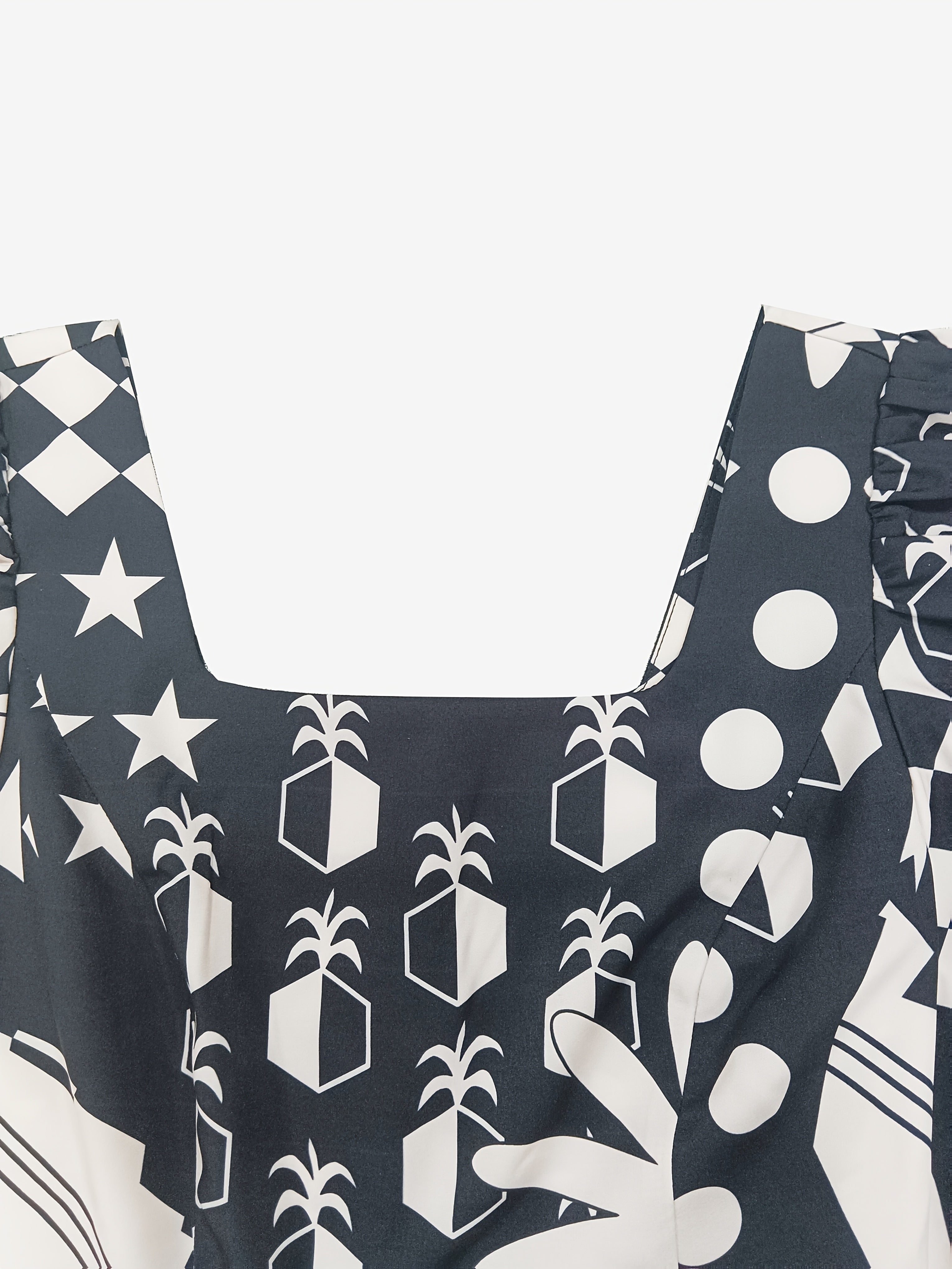 Women's Elegant Geometric Print Lantern Sleeve Square Neck Mini Dress - Black & White Polyester A-Line Dress, Machine Washable, All-Season Chic Outfit, Stylish Daywear | Square Neckline Dress | Sleek Finish Dress